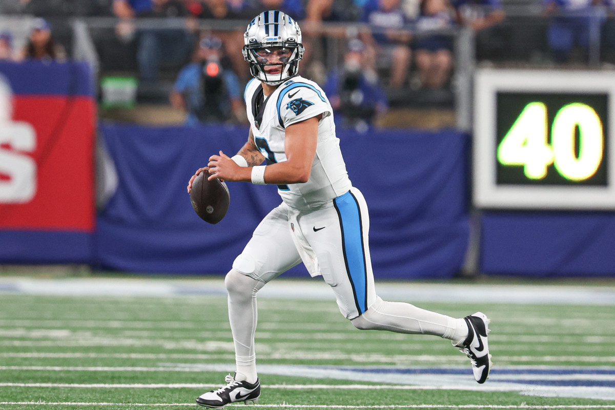 Aug 18, 2023; East Rutherford, New Jersey, USA; Carolina Panthers quarterback Matt Corral (2) scrambles during the second half against the New York Giants at MetLife Stadium. Mandatory Credit: Vincent Carchietta-USA TODAY Sports  